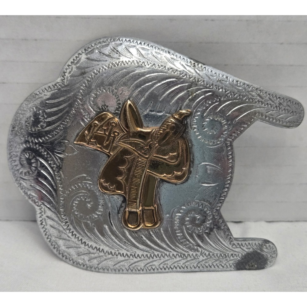 Vtg Silver Sun-Ray Hand Polished Western Belt Buckle 50s/60s Silver/Gold Saddle